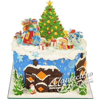 Торт Новогодний с ёлкой и Дедом Морозом